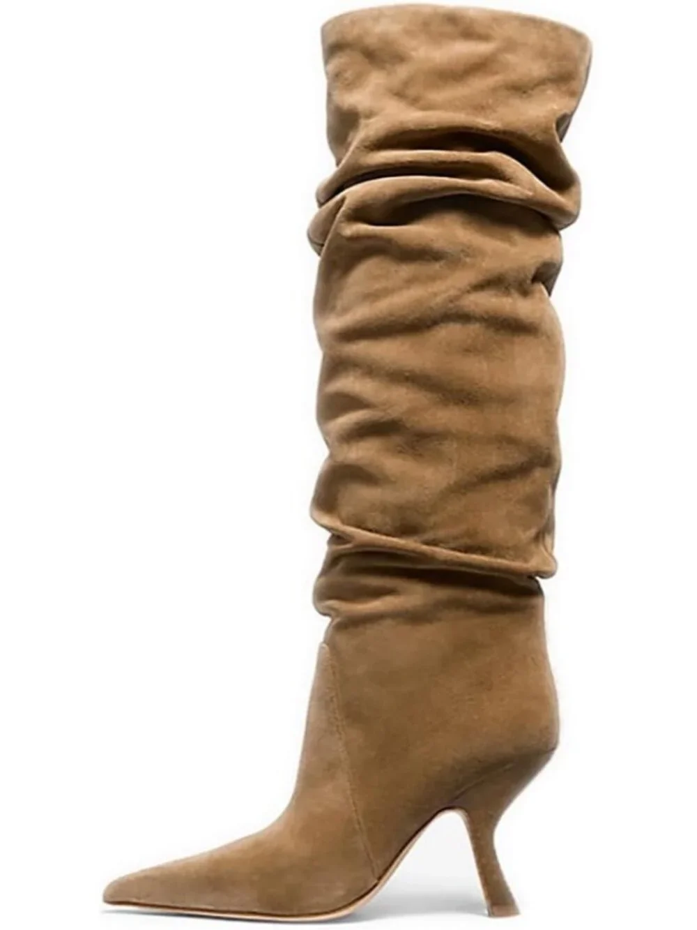 Women's Light Brown Slouch Knee High Boots Kitten Heel Side Zipper Knee-High